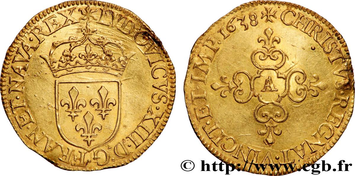 LOUIS XIII LE JUSTE Écu d or au soleil, à la croix anillée fleurdelisée 1638 Paris SUP/TTB+