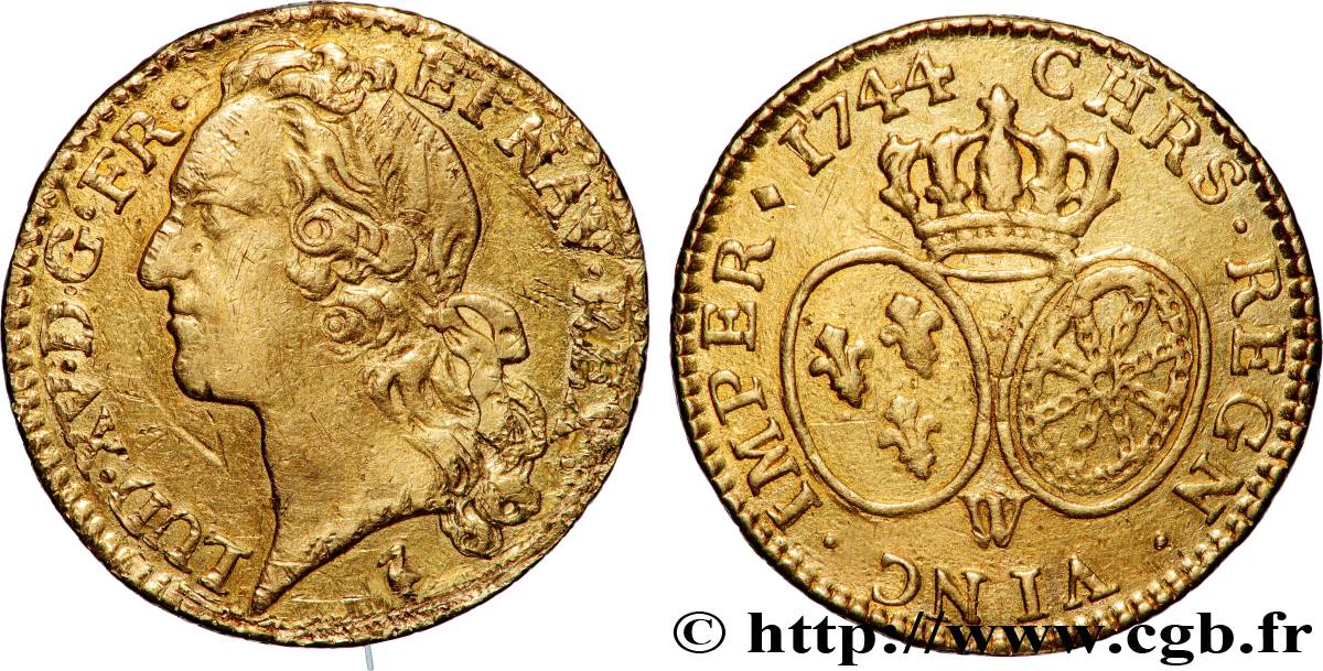 LOUIS XV  THE WELL-BELOVED  Louis d’or aux écus ovales, tête ceinte d’un bandeau 1744 Lille q.BB