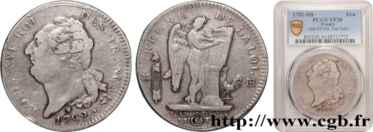 LOUIS XVI Écu dit  au génie , légende FRANÇAIS 1792 Strasbourg VF30