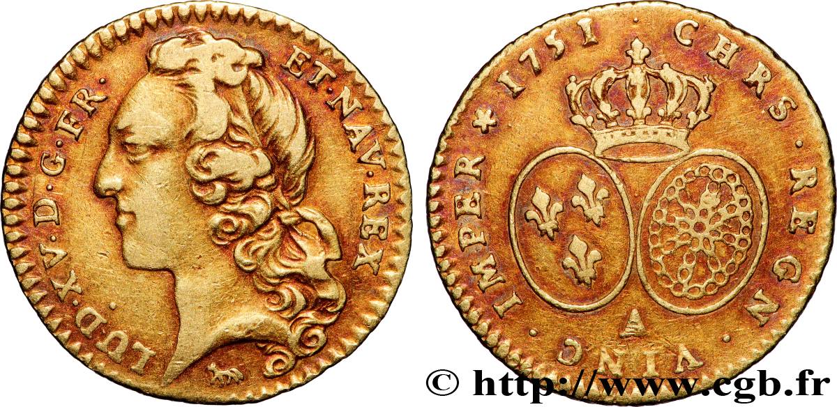 LOUIS XV THE BELOVED Demi-louis d’or aux écus ovales, tête ceinte d’un bandeau 1751 Paris XF