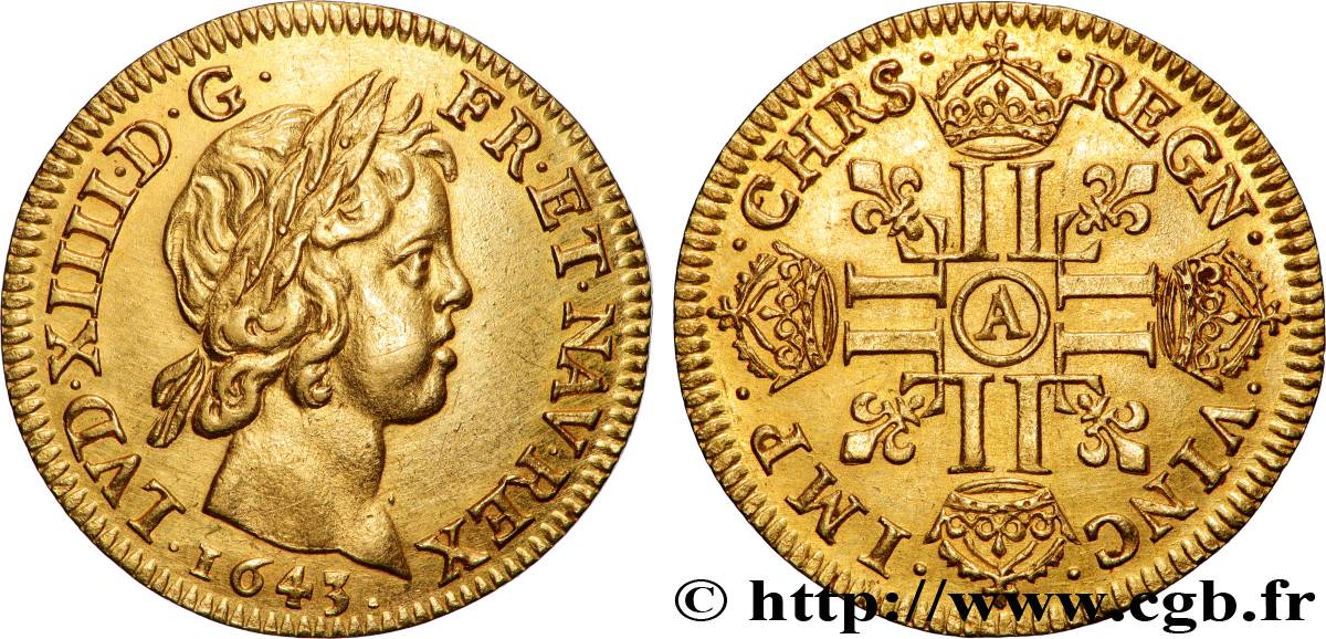 LOUIS XIV LE GRAND OU LE ROI SOLEIL Louis d&nbsp;or aux huit L, portrait à la mèche courte 1643 Paris, Monnaie du Louvre SUP