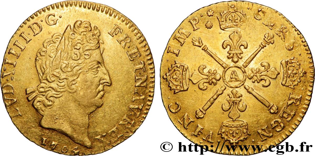 LOUIS XIV &nbsp;THE SUN KING&nbsp; Louis d&nbsp;or aux insignes 1704 Paris VZ