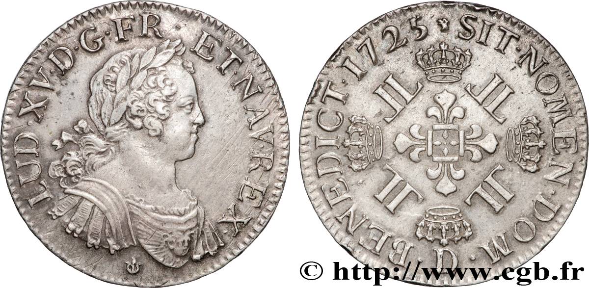 LOUIS XV THE BELOVED Écu à la croix fleurdelisée couronnée et aux huit L 1725 Lyon AU/AU