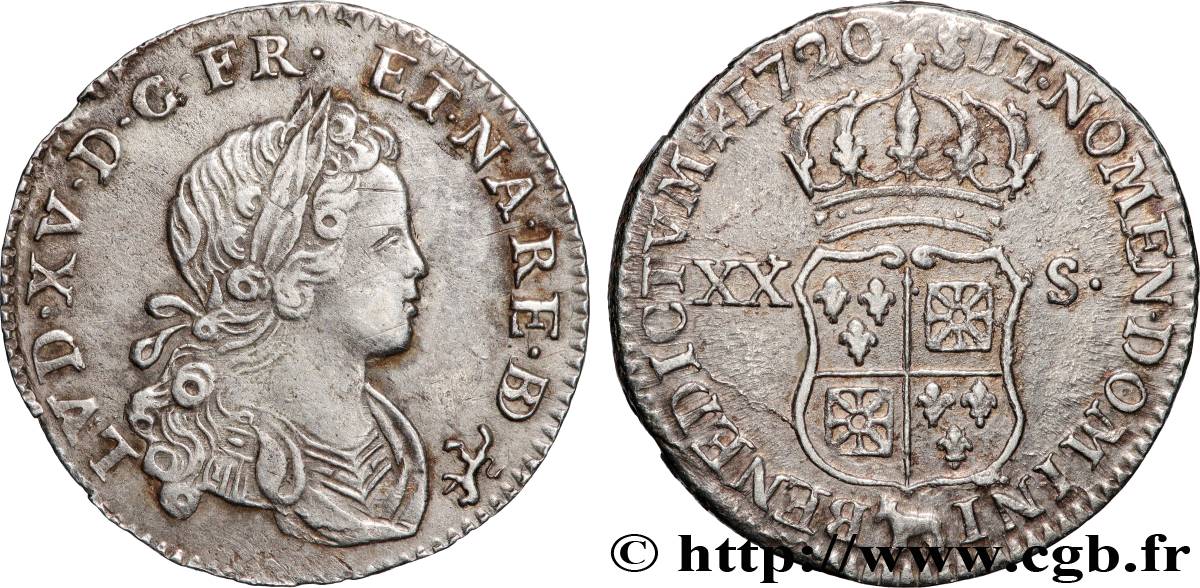 LOUIS XV DIT LE BIEN AIMÉ XX sols de Navarre 1720 Pau TTB+