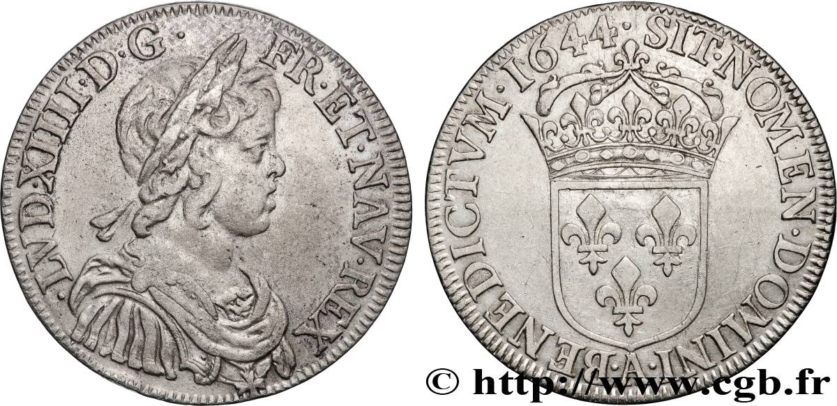 LOUIS XIV  THE SUN KING  Demi-écu, portrait à la mèche courte 1644 Paris, Monnaie du Louvre XF
