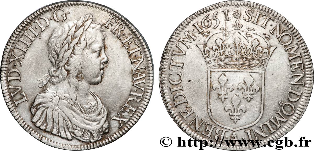 LOUIS XIV  THE SUN KING  Écu, portrait à la mèche longue 1651 Paris XF/AU
