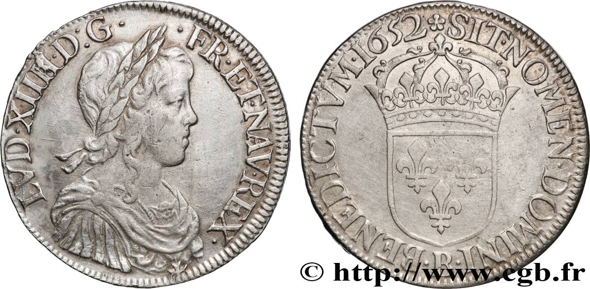 LOUIS XIV  THE SUN KING  Écu, portrait à la mèche longue 1652 Rouen XF