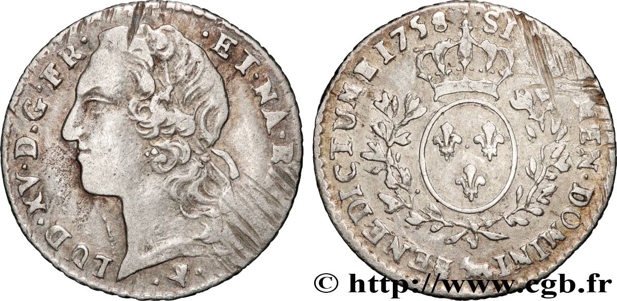 LOUIS XV  THE WELL-BELOVED  Dixième d écu aux branches d’olivier, tête ceinte d’un bandeau 1758 Pau BB