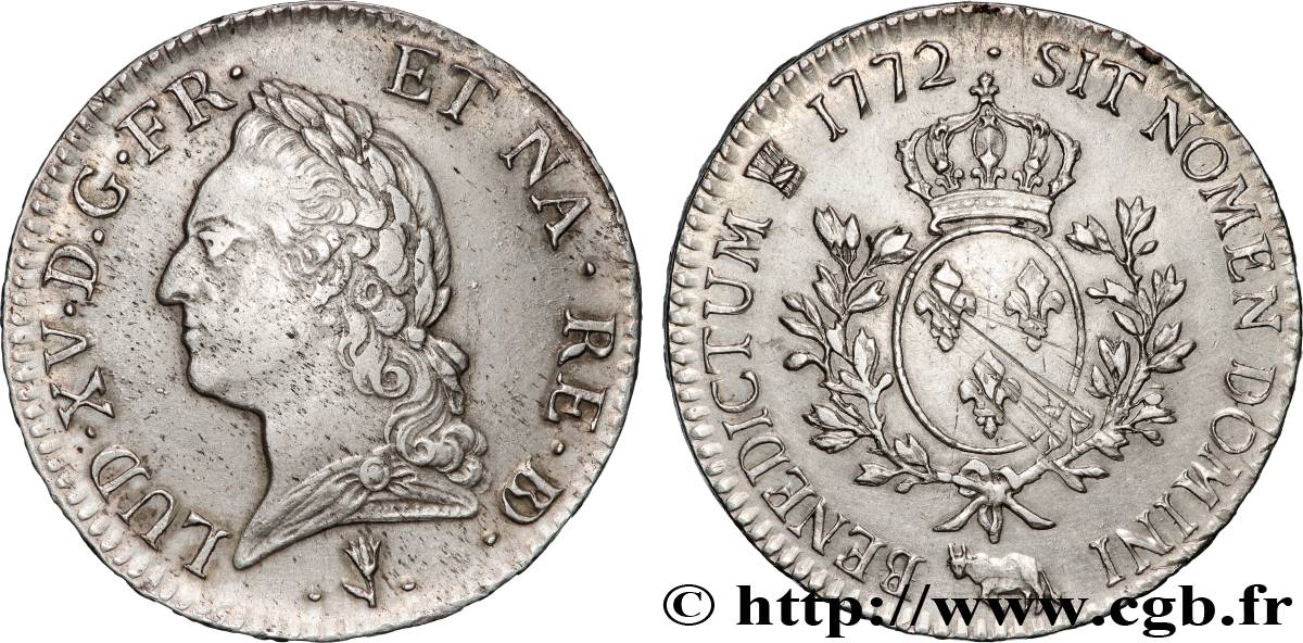 LOUIS XV DIT LE BIEN AIMÉ Écu aux branches d’olivier, buste lauré 1772 Pau SUP