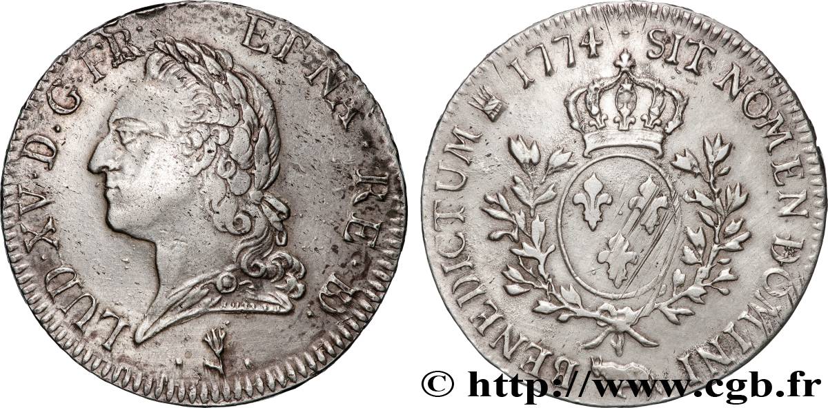 LOUIS XV DIT LE BIEN AIMÉ Écu aux branches d’olivier, buste lauré 1774 Pau TTB+
