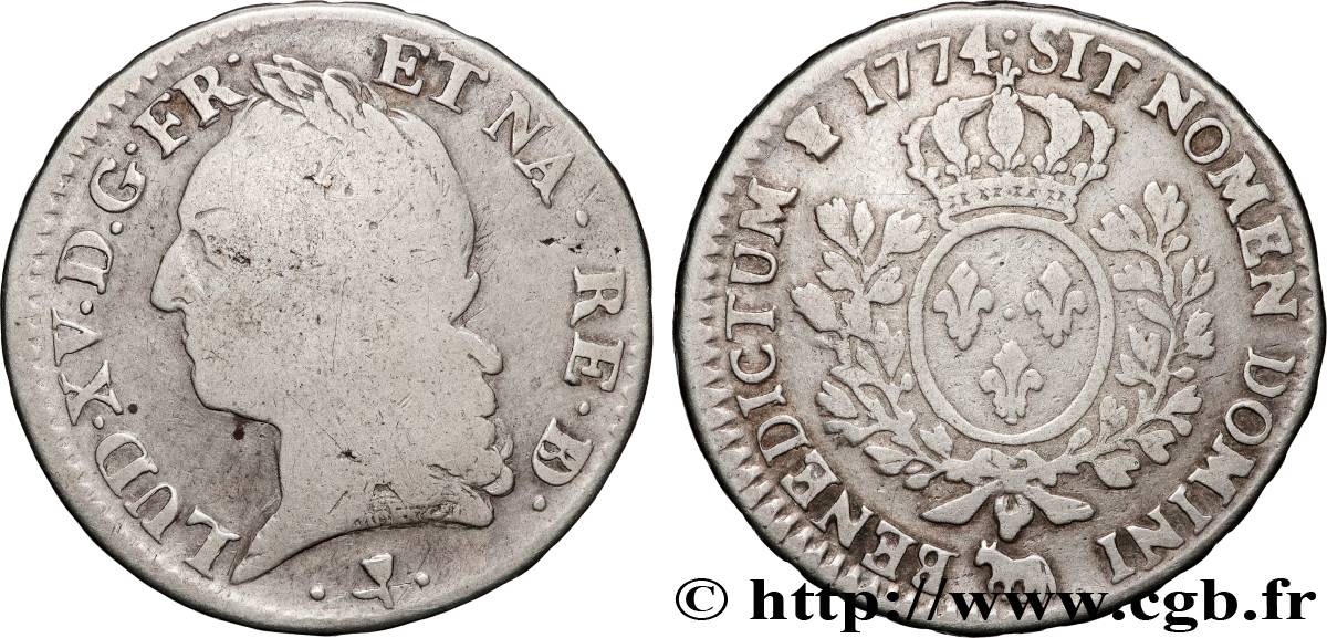 LOUIS XV DIT LE BIEN AIMÉ Demi-écu aux branches d’olivier, buste lauré 1774 Pau TB/TB+