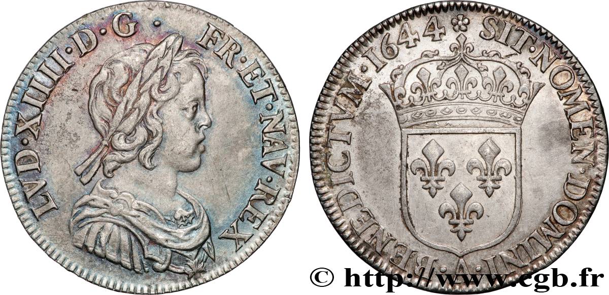 LOUIS XIV  THE SUN KING  Quart d écu, portrait à la mèche courte 1644 Paris, Monnaie de Matignon AU