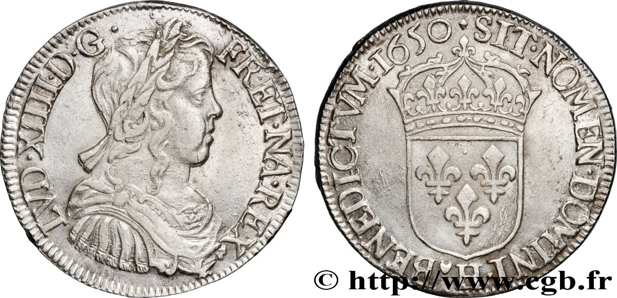 LOUIS XIV  THE SUN KING  Demi-écu, portrait à la mèche longue 1650 La Rochelle AU