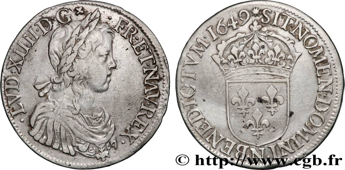 LOUIS XIV  THE SUN KING  Écu, portrait à la mèche longue 1649 Montpellier XF
