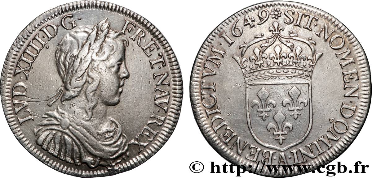 LOUIS XIV  THE SUN KING  Demi-écu, portrait à la mèche longue 1649 Paris XF