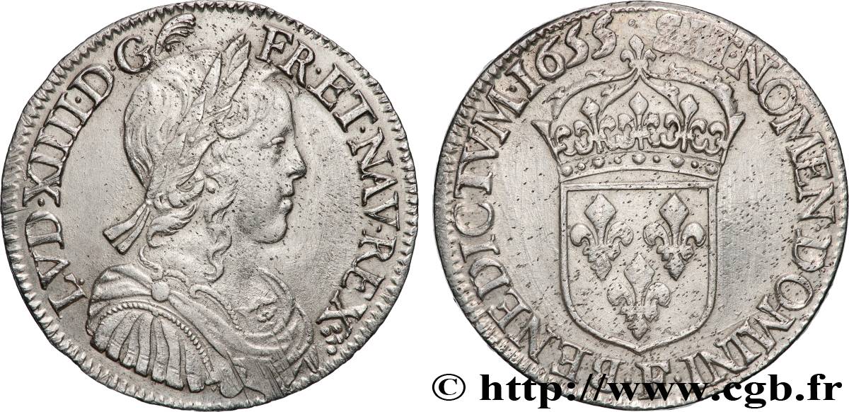 LOUIS XIV  THE SUN KING  Demi-écu, portrait à la mèche longue 1655 Angers AU