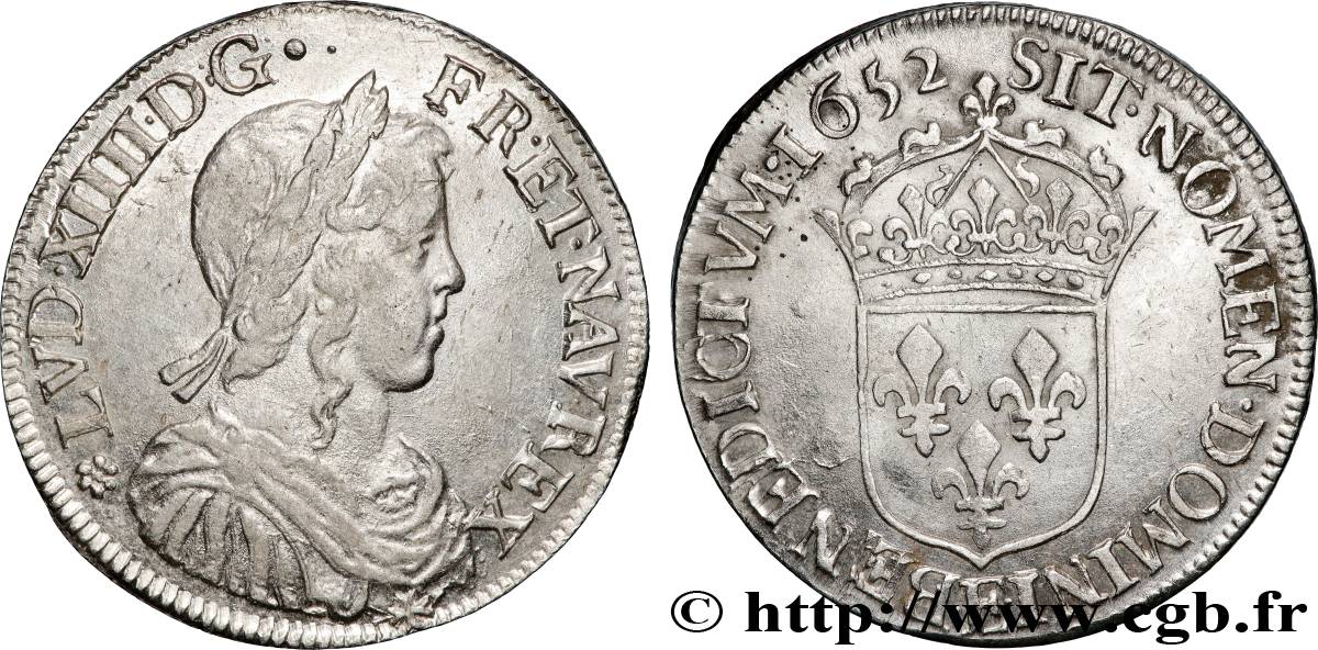 LOUIS XIV &nbsp;THE SUN KING&nbsp; Demi-écu, portrait à la mèche longue 1652 Tours AU