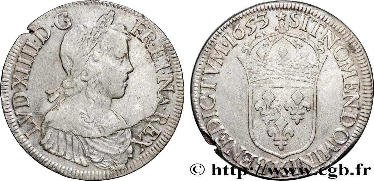 LOUIS XIV LE GRAND OU LE ROI SOLEIL Écu, portrait à la mèche longue 1653 Bordeaux TB+/TTB