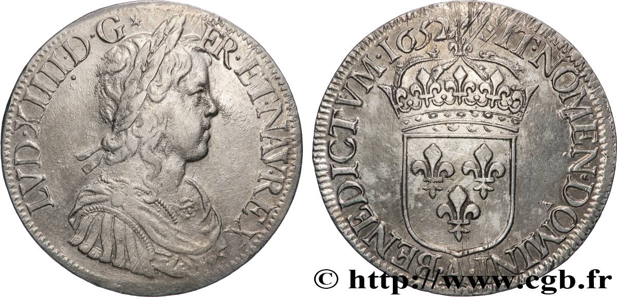 LOUIS XIV LE GRAND OU LE ROI SOLEIL Écu, portrait à la mèche longue 1652 Paris TTB/TTB+