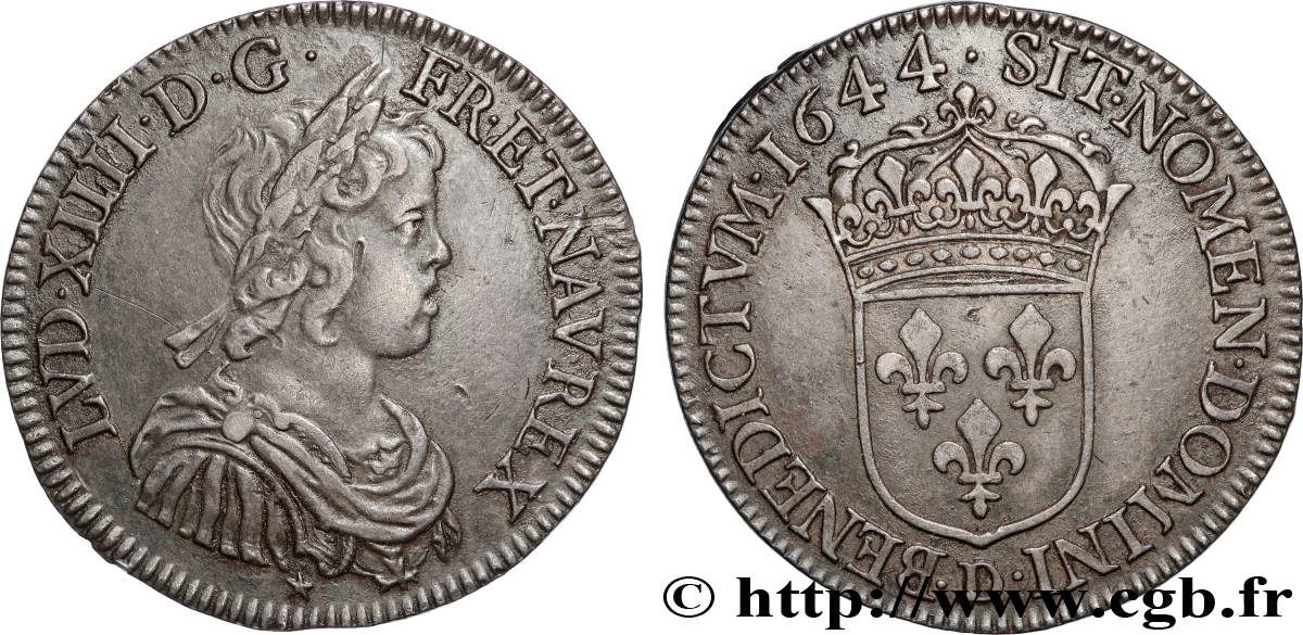 LOUIS XIV LE GRAND OU LE ROI SOLEIL Demi-écu, portrait à la mèche courte 1644 Lyon TTB+/SUP