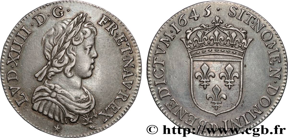 LOUIS XIV  THE SUN KING  Quart d écu, portrait à la mèche courte 1645 Lyon AU