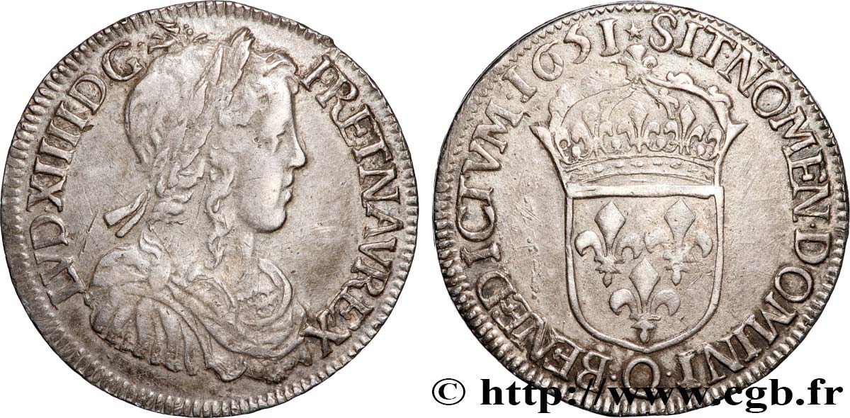 LOUIS XIV  THE SUN KING  Demi-écu, portrait à la mèche longue 1651 Narbonne VF