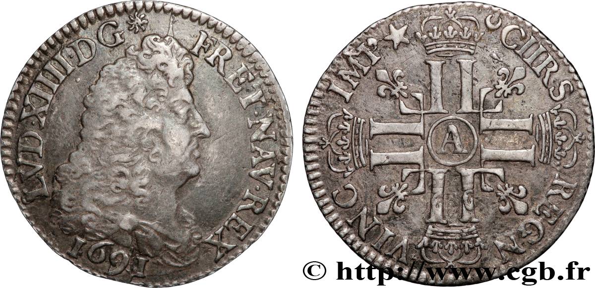 LOUIS XIV  THE SUN KING  Quart d écu aux huit L, 1er type 1691 Paris AU
