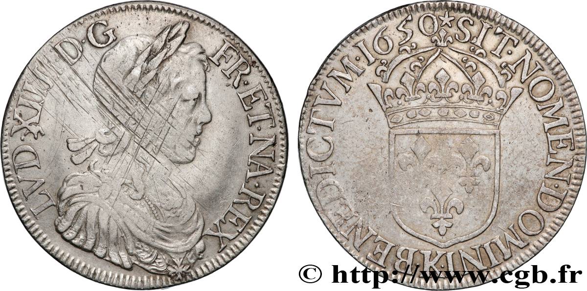 LOUIS XIV LE GRAND OU LE ROI SOLEIL Écu, portrait à la mèche longue, probable faux d’époque ? 1650 Bordeaux TTB