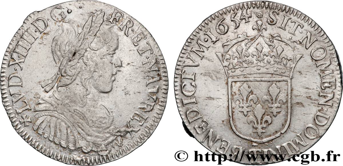 LOUIS XIV LE GRAND OU LE ROI SOLEIL Demi-écu, portrait à la mèche longue 1654 Nantes TTB