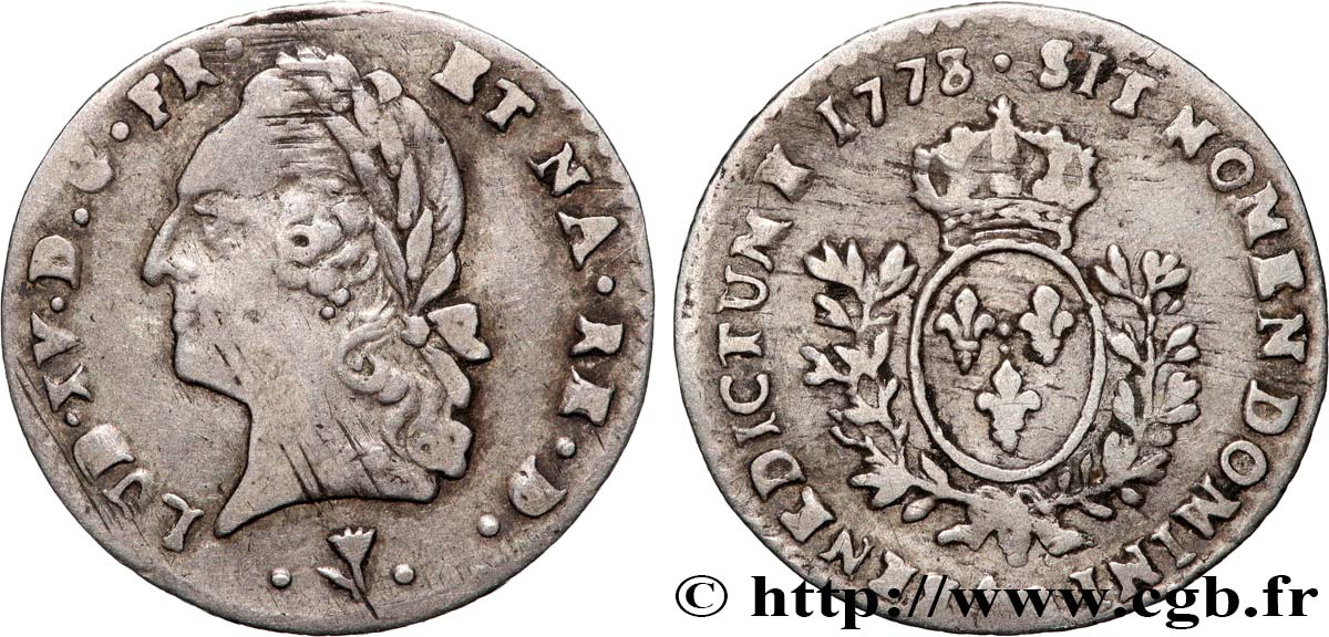 LOUIS XV  THE WELL-BELOVED  Vingtième d écu aux branches d’olivier, buste lauré 1773 Pau q.BB