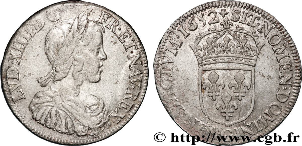 LOUIS XIV LE GRAND OU LE ROI SOLEIL Demi-écu, portrait à la mèche longue 1652 Poitiers TTB