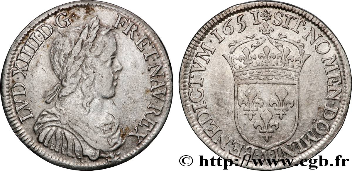 LOUIS XIV LE GRAND OU LE ROI SOLEIL Demi-écu, portrait à la mèche longue 1651 Paris TTB