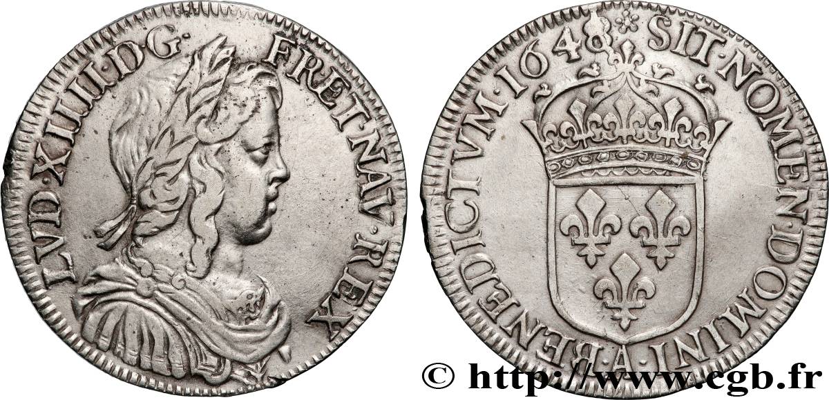 LOUIS XIV LE GRAND OU LE ROI SOLEIL Demi-écu, portrait à la mèche longue, faux d’époque 1648 Paris TTB