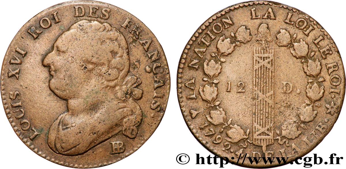 LOUIS XVI (MONARQUE CONSTITUTIONNEL)  12 deniers dit  au faisceau , type FRANÇAIS 1792 Strasbourg TB+/TTB