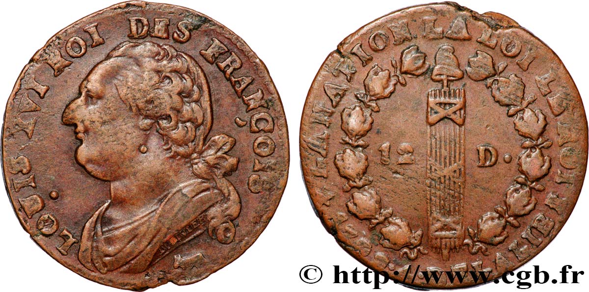 LOUIS XVI (MONARQUE CONSTITUTIONNEL)  12 deniers dit  au faisceau , type FRANÇOIS 1792 Pau TTB