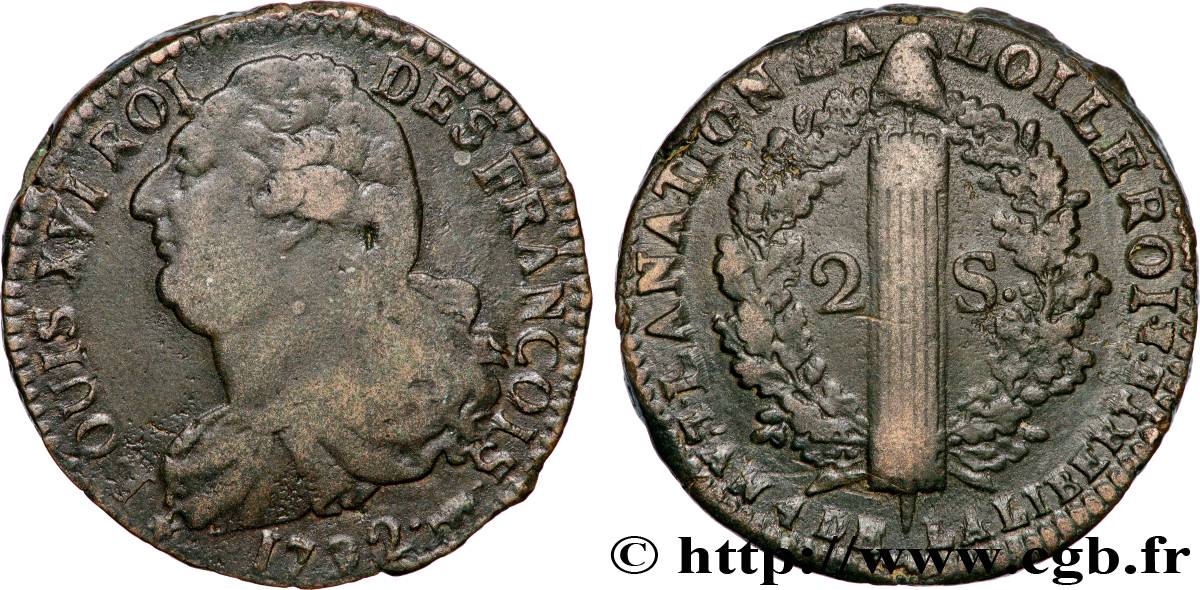 LOUIS XVI 2 sols dit  au faisceau , type FRANÇOIS 1792 Pau XF