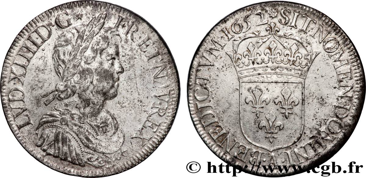 LOUIS XIV  THE SUN KING  Écu, portrait à la mèche longue 1652 Paris XF