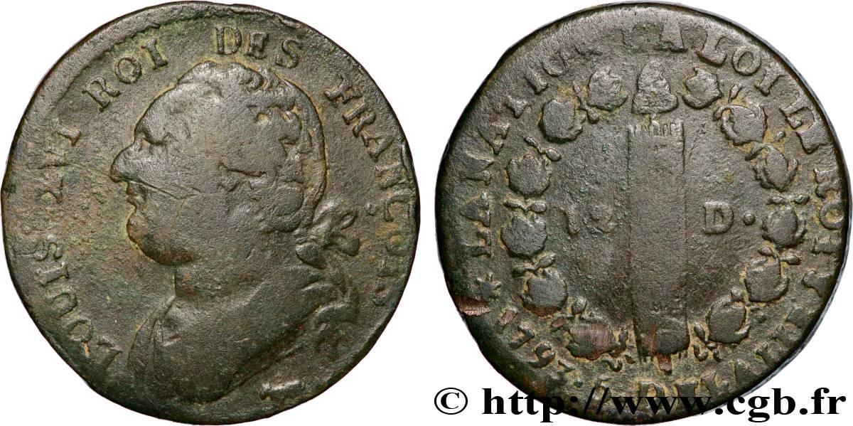 LOUIS XVI (MONARQUE CONSTITUTIONNEL)  12 deniers dit  au faisceau , type FRANÇOIS 1793 Pau B/B+