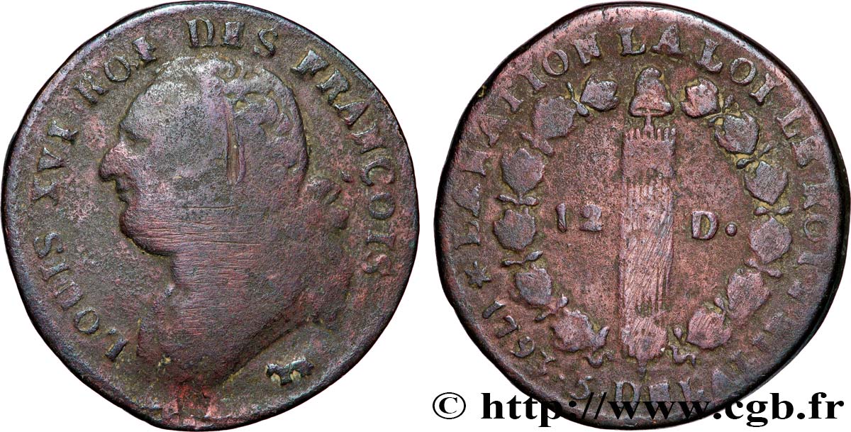 LOUIS XVI (MONARQUE CONSTITUTIONNEL)  12 deniers dit  au faisceau , type FRANÇOIS 1793 Pau B/B+