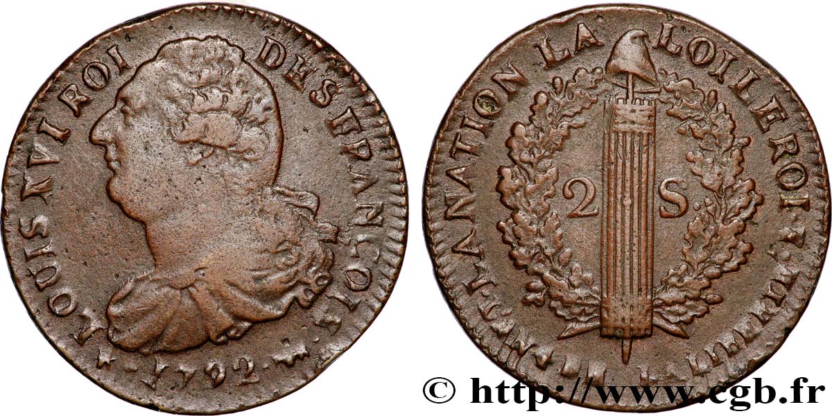 LOUIS XVI 2 sols dit  au faisceau , type FRANÇOIS 1792 Pau fVZ