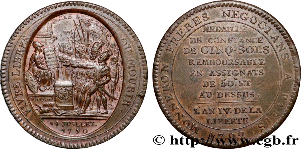 CONFIANCE (MONNAIES DE...) Monneron de 5 sols au serment (An IV), 3e type 1792 Birmingham, Soho SUP/TTB+