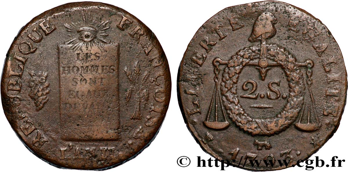 THE CONVENTION 2 sols dit  à la table de loi  1793 Pau XF/AU