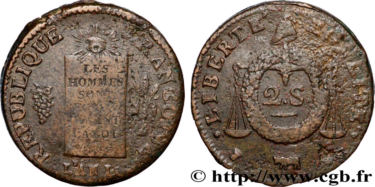 LA CONVENTION 2 sols dit  à la table de loi  1794 Pau TB+/TTB