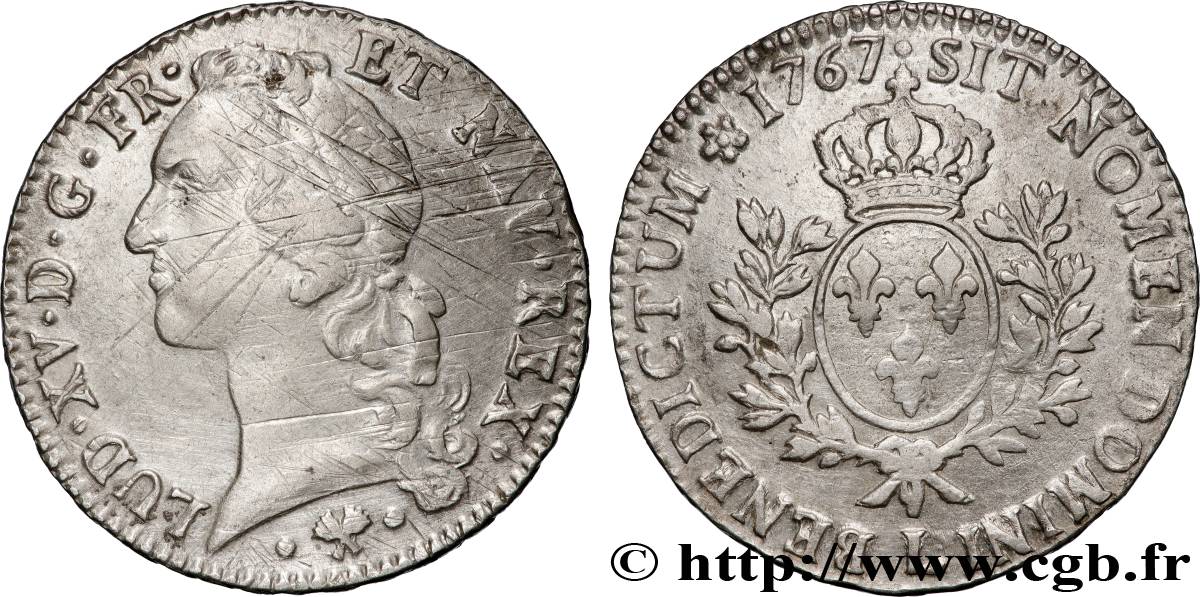 LOUIS XV DIT LE BIEN AIMÉ Écu aux branches d’olivier, tête ceinte d’un bandeau 1767 Bayonne TB+