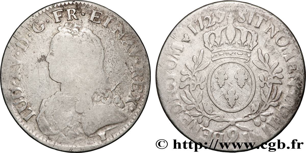 LOUIS XV DIT LE BIEN AIMÉ Écu dit &nbsp;aux branches d&nbsp;olivier&nbsp; 1729 Rennes TB