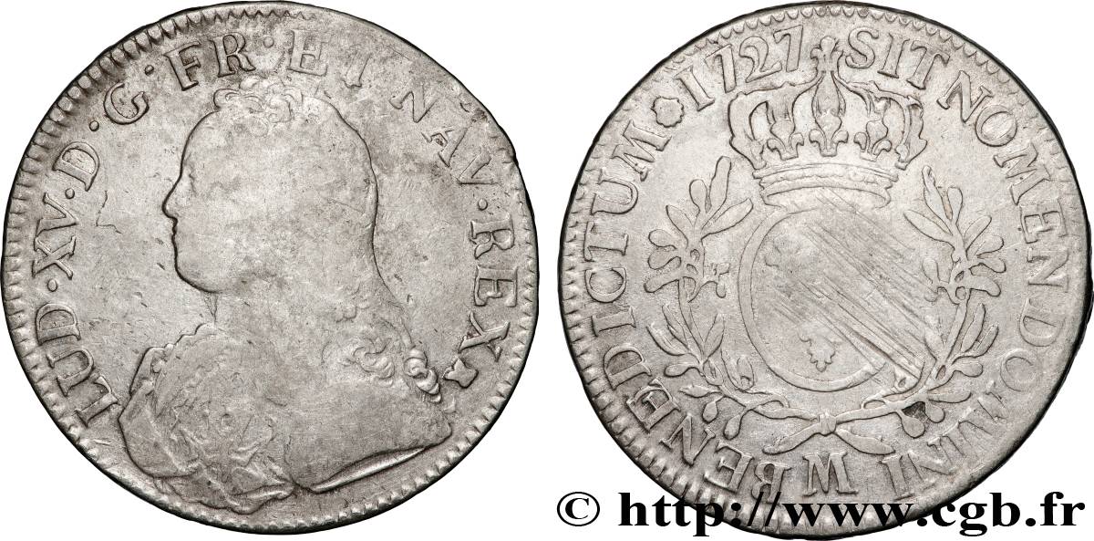 LOUIS XV DIT LE BIEN AIMÉ Écu aux branches d&nbsp;olivier, buste habillé 1727 Toulouse TB