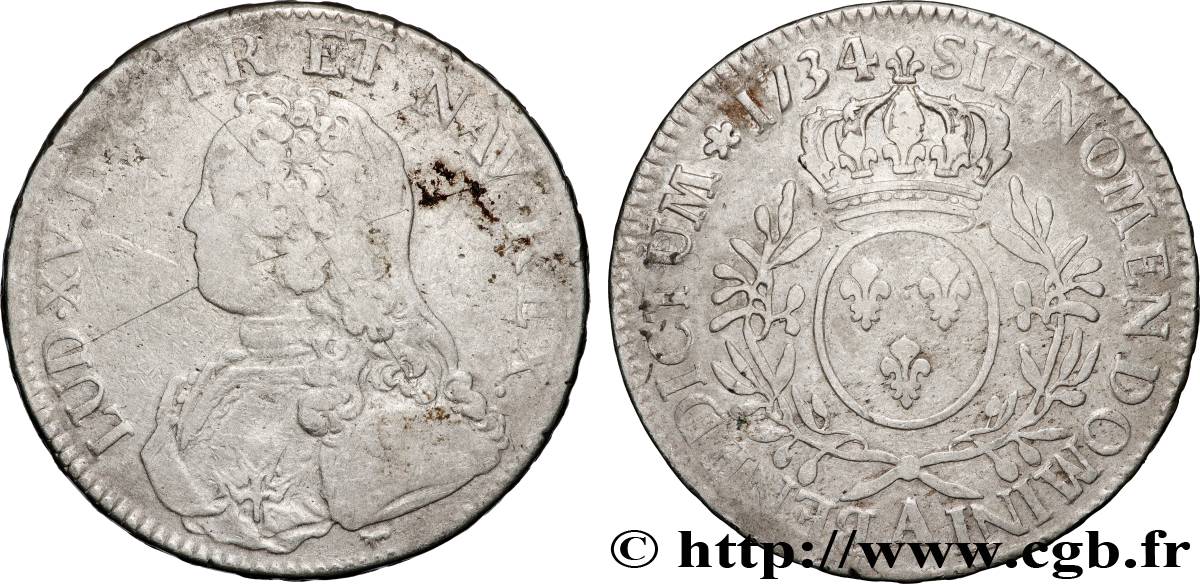 LOUIS XV DIT LE BIEN AIMÉ Écu aux branches d&nbsp;olivier, buste habillé 1734 Paris TB+