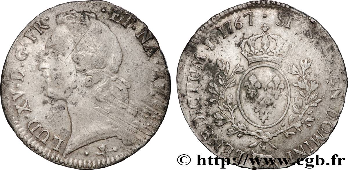 LOUIS XV DIT LE BIEN AIMÉ Écu aux branches d’olivier, tête ceinte d’un bandeau 1767 Pau TB+