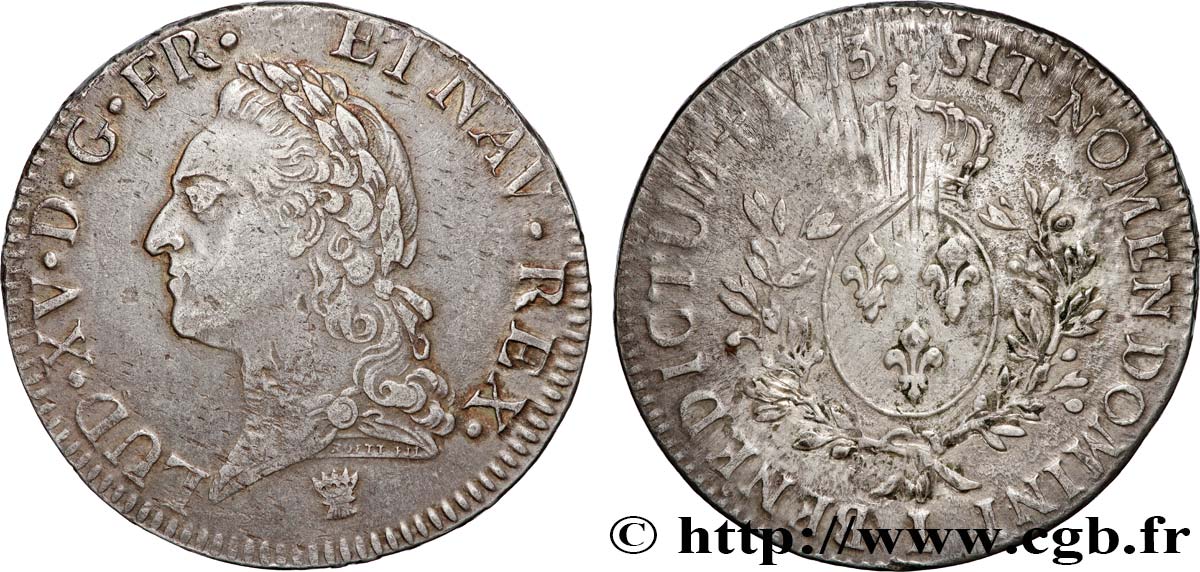 LOUIS XV DIT LE BIEN AIMÉ Écu aux branches d’olivier, buste lauré 1773 Limoges TTB