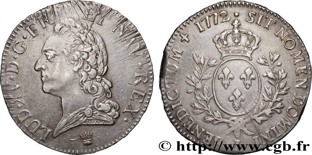 LOUIS XV DIT LE BIEN AIMÉ Écu aux branches d’olivier, buste lauré 1772 Limoges TTB+